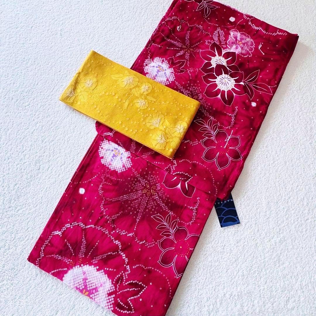 新品　5L 仕立て上がり　浴衣 赤系　絞り風模様　半幅帯　長尺帯　4m 黄色 5L 仕立て上がり 浴衣 赤系 絞り風模様 半幅帯 長尺帯 4m 黄色